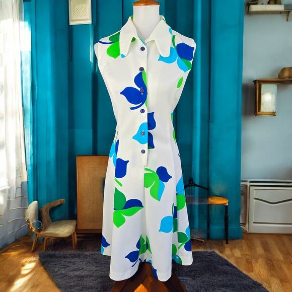 60s Mod Retro Collared Dress Blue Green Turquoise Vintage House Wife Size 18 - Picture 1 of 15